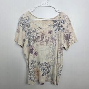 One World Cream Blue Mauve Floral Beaded Y2K Grunge Artsy T-Shirt Size 1X